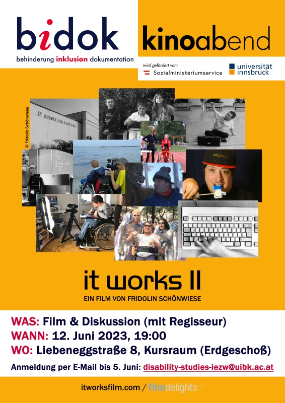 Filmplakat bidok kinoabend. Eine Collage aus Bildern der Dokumentation: eine Computer-Tastatur, ein Schul-Gebäude der Stadt Wien, eine Schul-Klasse, ein Rollstuhl-Nutzer vor dem PC und am Meer. 