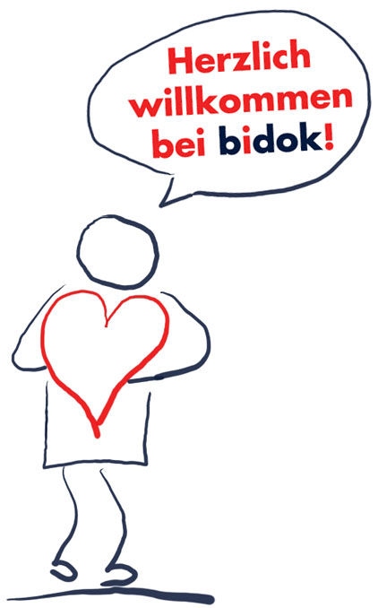 Ein Strich-Menschlein hält ein großes rotes Herz in den Händen. In einer Sprechblase steht geschrieben: "Herzlich willkommen bei bidok!"