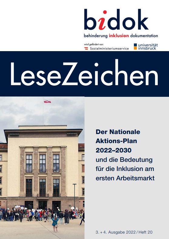 LeseZeichen Heft 20 Titelseite mit einem Bild vom Tiroler Landhausplatz und der Inklusions-Demo