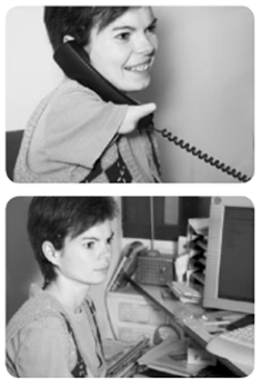Zwei
Fotos von Elisabeth Müller an ihrem Arbeitsplatz.