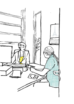 Eine Zeichnung von zwei Menschen bei einer Beratung.