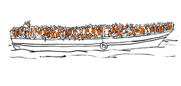 Eine Zeichnung von einem Boot. Auf dem Boot sind viele Menschen. Die Menschen
                  tragen Rettungs-Westen.