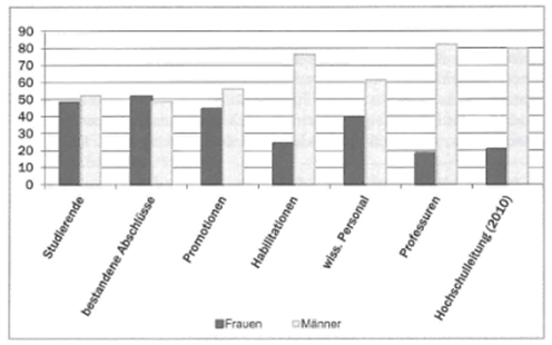 Die Grafik gibt die Frauen- und Männeranteile auf den
                                    verschiedenen Stufen einer wissenschaftlichen Karriere
                                    an.