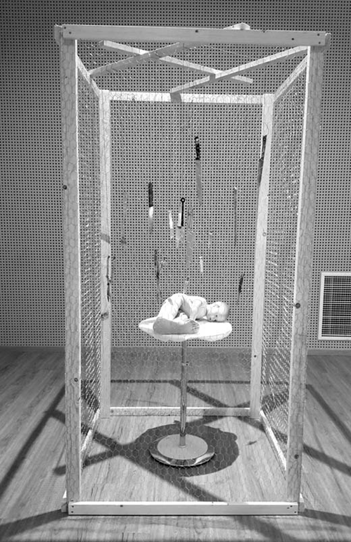 Auf dem Foto ist ein Käfig zu sehen. Im Käfig befindet sich eine Baby-Puppe,
                  welche auf einem Tisch liegt und einen ausgewachseenen Fuß hat. Darüber hängen
                  mehrere Messer und Spritzen.