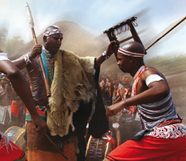 Das Bild zeigt tanzende Menschen. Die Menschen haben traditionelle
Kleidung an.