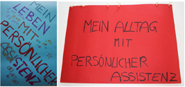 Blaues Titelblatt mit der Aufschrift: Mein Leben mit
                                 persönlicher Assistenz. Rotes Titelblatt mit der Aufschrift:
                                 Mein Alltag mit persönlicher Assistenz