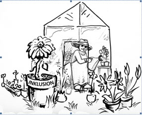 Schwarz-Weiß Zeichnung eines Gärtners der vor einem Gewächshaus
eine Blume gießt.