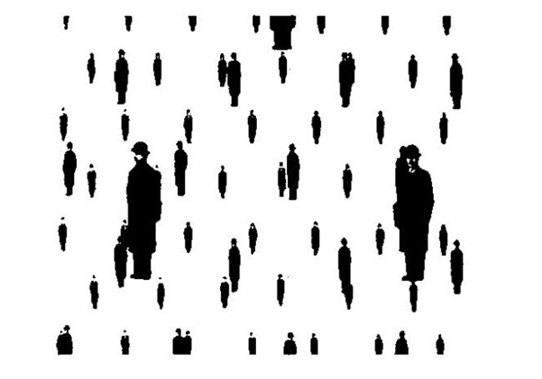 Stehende, in schwarz gezeichnete Menschen werden
unterschiedlich Nah und Groß dargestellt.