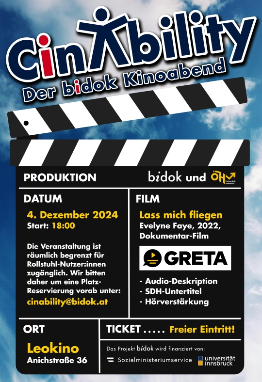 Plakat der CinAbility-Filmreihe: Eine große Film-Klappe in schwarz-weiß, darin die Daten der Veranstaltung. Darüber das CinAbility-Logo mit einem Accessibility-Menschchen.