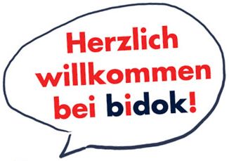 In einer Sprechblase steht geschrieben: "Herzlich willkommen bei bidok!"