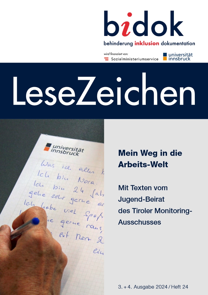 LeseZeichen Heft 24 Cover: Mit einem Kugelschreiber wird auf einen Block geschrieben. Der Titel lautet: Mein Weg in die Arbeits-Welt.