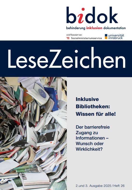 Bildbeschreibung LeseZeichen Heft 26 Cover: Bücher-Strudel mit vielen unterschiedlichen bunten Büchern. Damit soll die unübersichtliche Informations-Gesellschaft dargestellt werden, die keine Rücksicht auf Barriere-Freiheit nimmt.