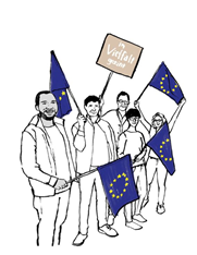 Eine Zeichnung von 5 Menschen, die eine Flagge von Europa in der
Hand haben.