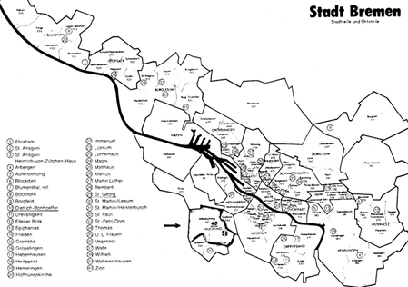 Eine ältere Karte der Stadt Bremen, auf welcher Stadtteile und Ortsteile
                  aufgezeichnet sind. Daneben steht eine Karten Legende.